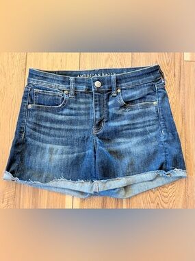 American Eagle Outfitters Dark Blue Denim Frayed Hem Shorts